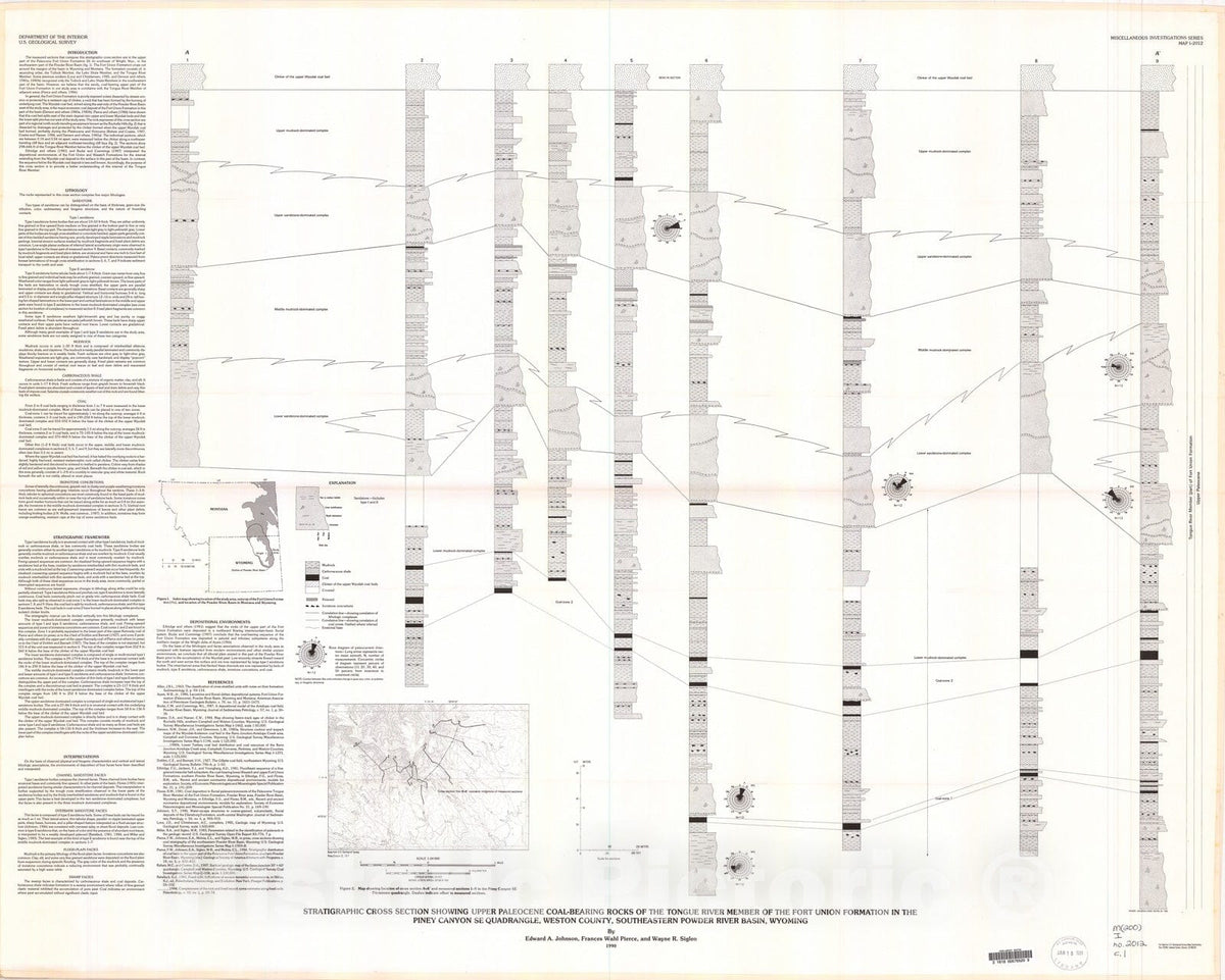 Map : Stratigraphic cross section showing Upper Paleocene coal-bearing rocks of the Tongue River Member of the Fort Union Formation in t, 1990 Cartography Wall Art :