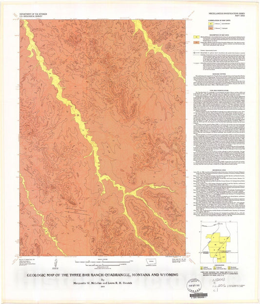 Map : Geologic map of the Three Bar Ranch quadrangle, Montana and Wyoming, 1990 Cartography Wall Art :