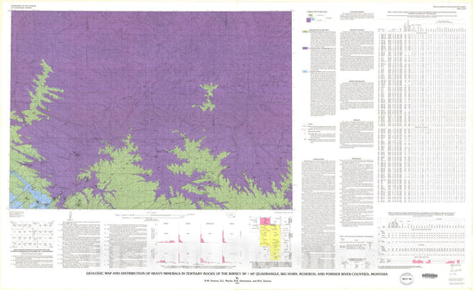 Map : Geologic map and distribution of heavy minerals in Tertiary rocks of the Birney 30' x 60' quadrangle, Big Horn, Rosebud, and Powde, 1990 Cartography Wall Art :