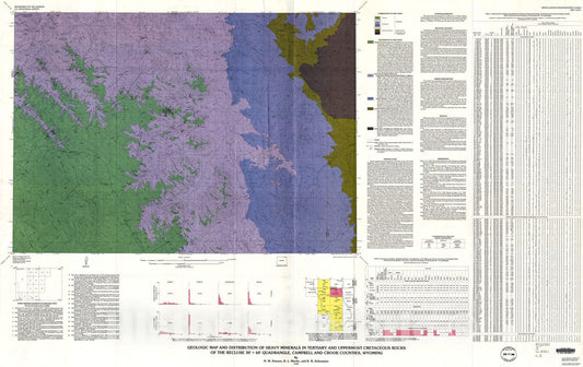 Map : Geologic map and distribution of heavy minerals in Tertiary and uppermost Cretaceous rocks of the Recluse 30' x 60' quadrangle, 1990 Cartography Wall Art :