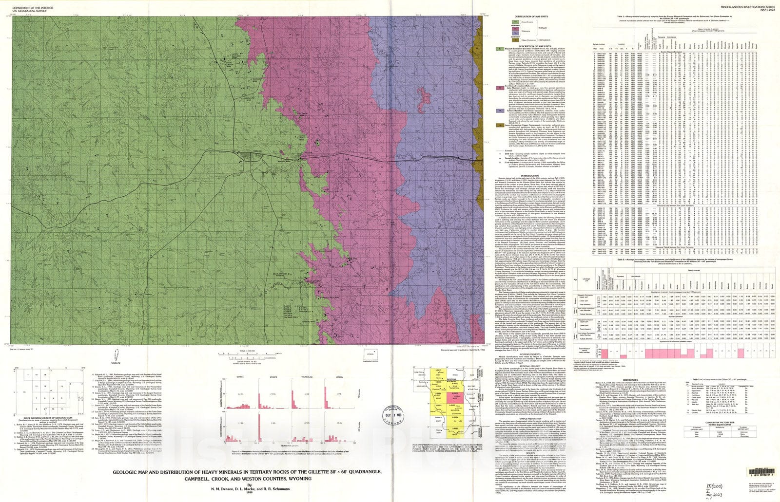 Map : Geologic map and distribution of heavy minerals in Tertiary rocks of the Gillette 30' x 60' quadrangle, Campbell, Crook, and Weston Counties, Wyoming, 1989 Cartography Wall Art :