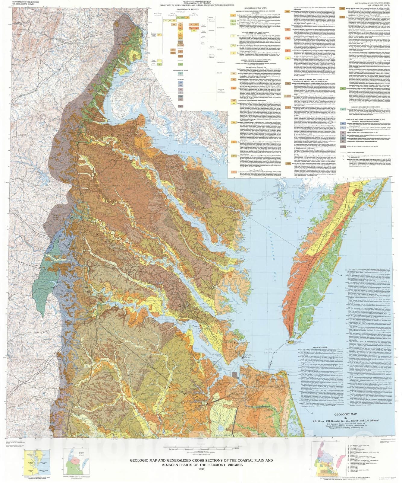 Map : Geologic map and generalized cross sections of the Coastal Plain and adjacent parts of the Piedmont, Virginia, 1989 Cartography Wall Art :