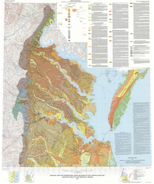 Map : Geologic map and generalized cross sections of the Coastal Plain and adjacent parts of the Piedmont, Virginia, 1989 Cartography Wall Art :
