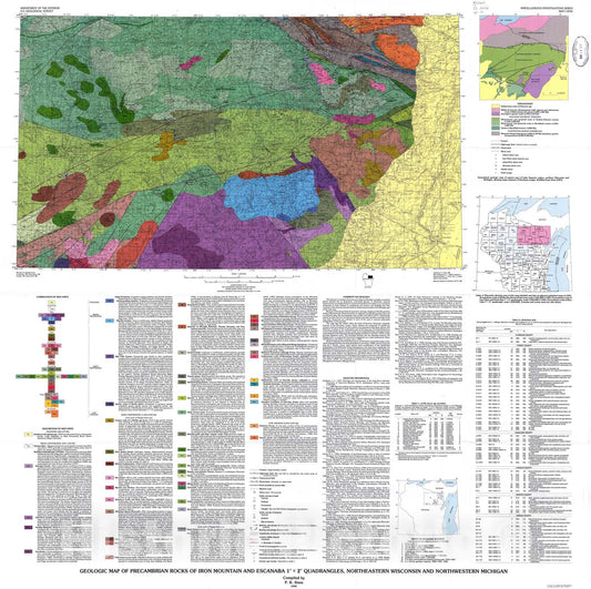 Map : Geologic map of Precambrian rocks of Iron Mountain and Escanaba one degree x two degrees quadrangles, northeastern Wisconsin and northwestern Michigan, one990 Cartography Wall Art :