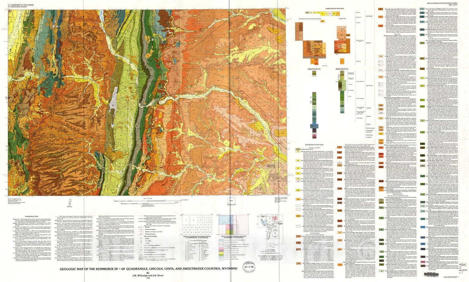 Map : Geologic map of the Kemmerer 30' X 60' quadrangle, Lincoln, Uinta, and Sweetwater Counties, Wyoming, 1992 Cartography Wall Art :