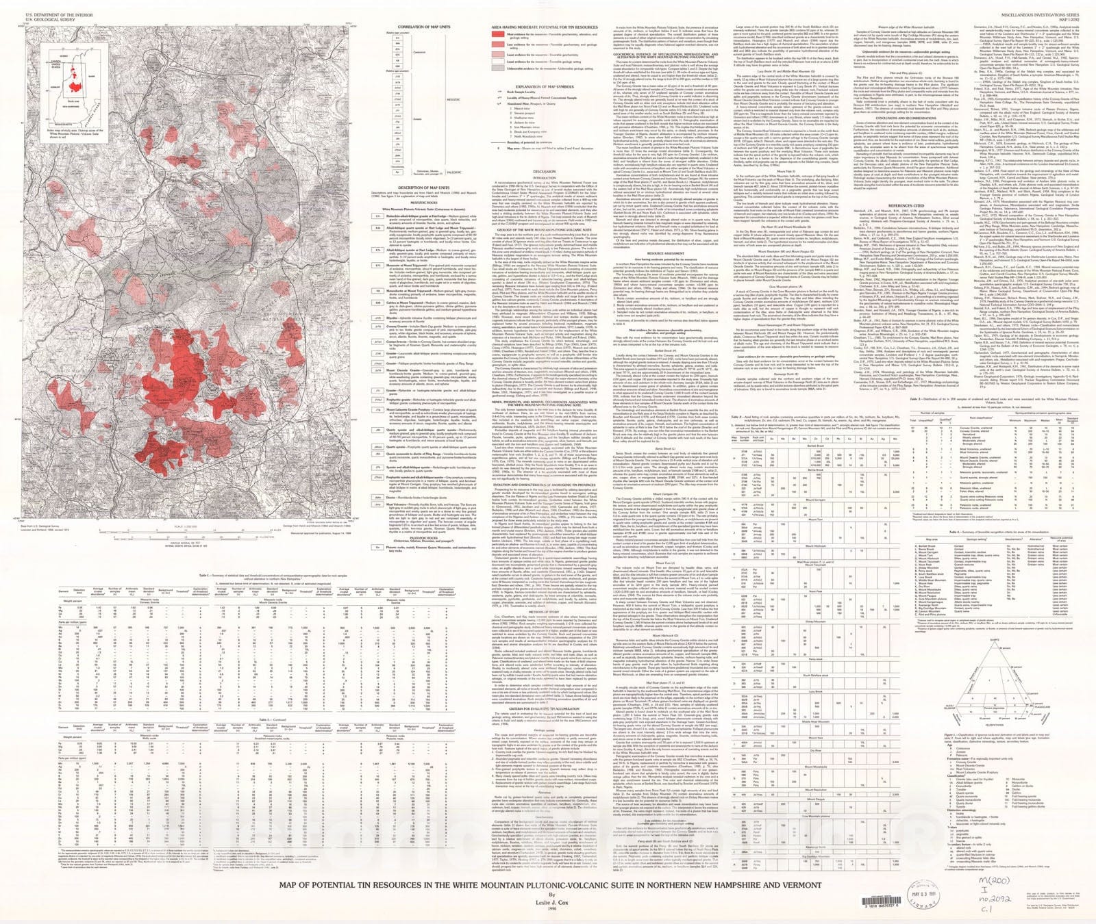 Map : Map of potential tin resources in the White Mountain plutonic-volcanic suite in northern New Hampshire, 1990 Cartography Wall Art :