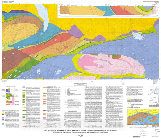 Map : Geologic map of Precambrian rocks, Marenisco, Thayer, and Watersmeet 15-minute quadrangles, Gogebic and Ontonagon Counties, Michigan, 1990 Cartography Wall Art :