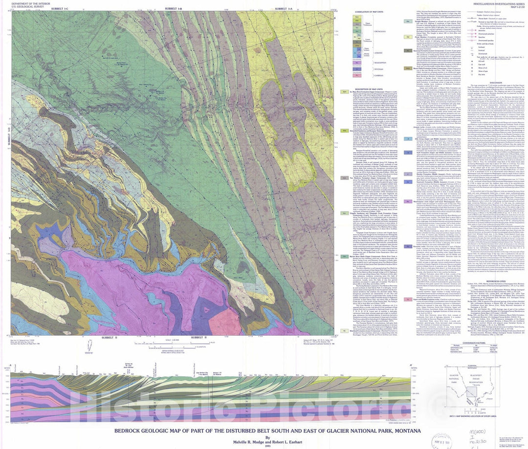 Map : Bedrock geologic map of part of the disturbed belt south and east of Glacier National Park, 1991 Cartography Wall Art :
