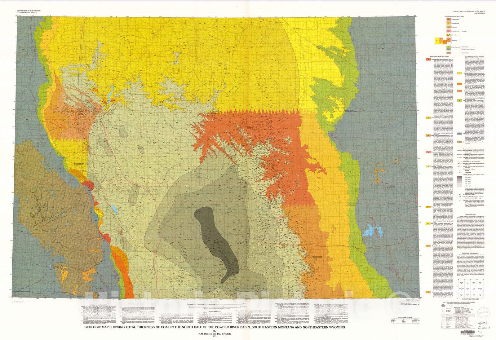 Map : Geologic map showing total thickness of coal in the north half of the Powder River Basin, south-eastern Montana, northeastern Wyoming, 1991 Cartography Wall Art :