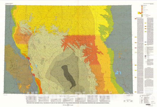 Map : Geologic map showing total thickness of coal in the north half of the Powder River Basin, south-eastern Montana, northeastern Wyoming, 1991 Cartography Wall Art :