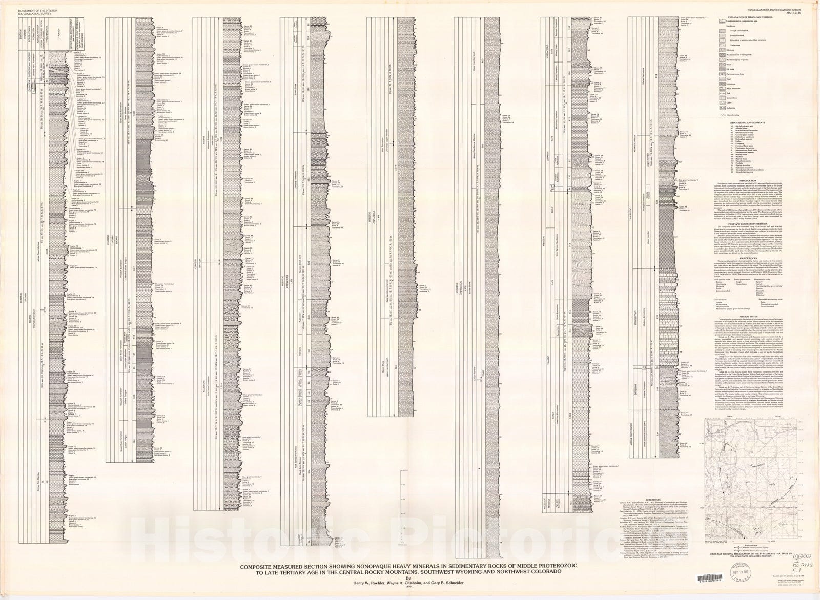 Map : Composite measured section showing nonopaque heavy minerals in sedimentary rocks of Middle Proterozoic to Late Tertiary age in the, 1990 Cartography Wall Art :