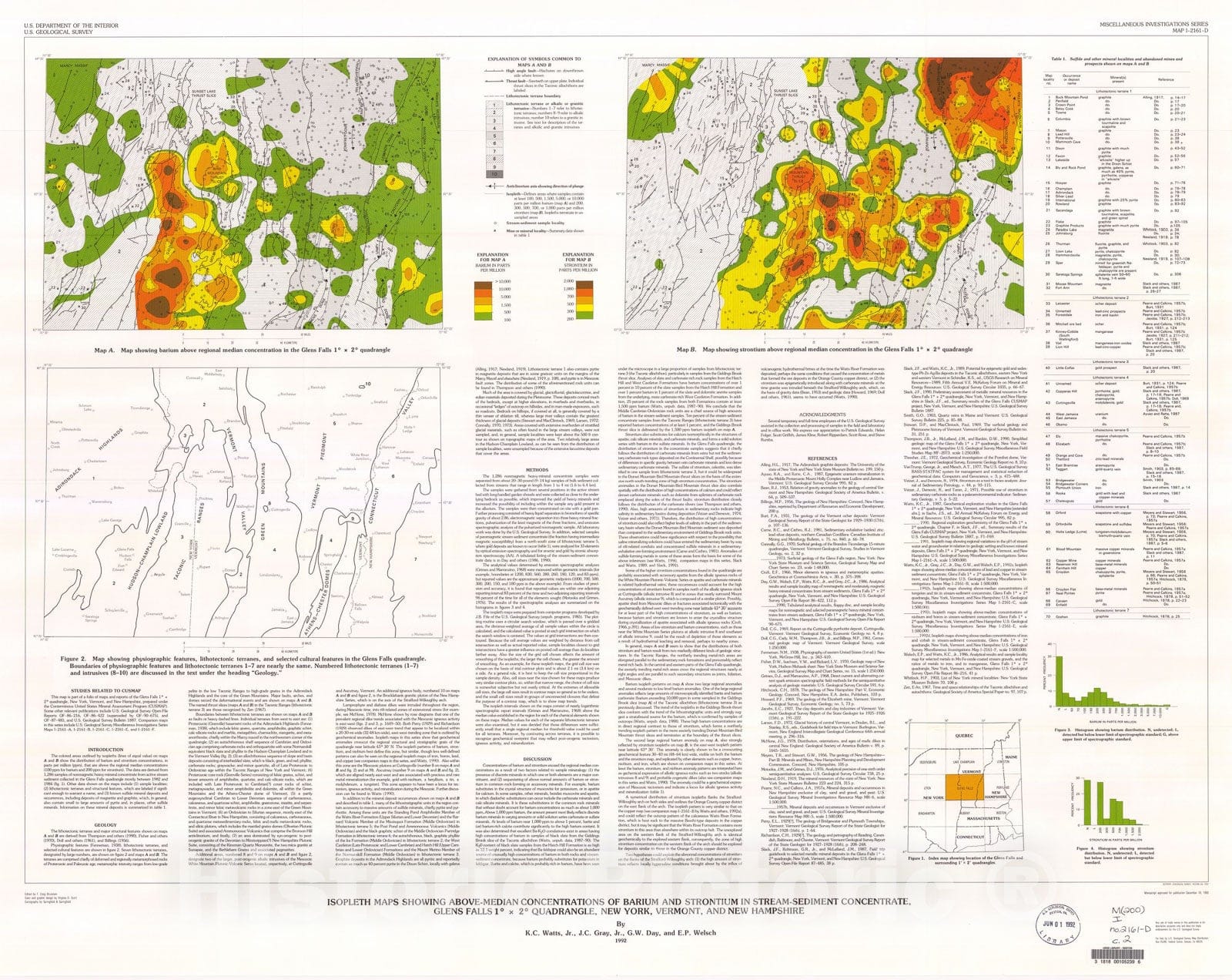Map : Isopleth maps showing above-median concentrations of barium and strontium in stream-sediment concentrate, Glenn Falls one degree x 2, one992 Cartography Wall Art :