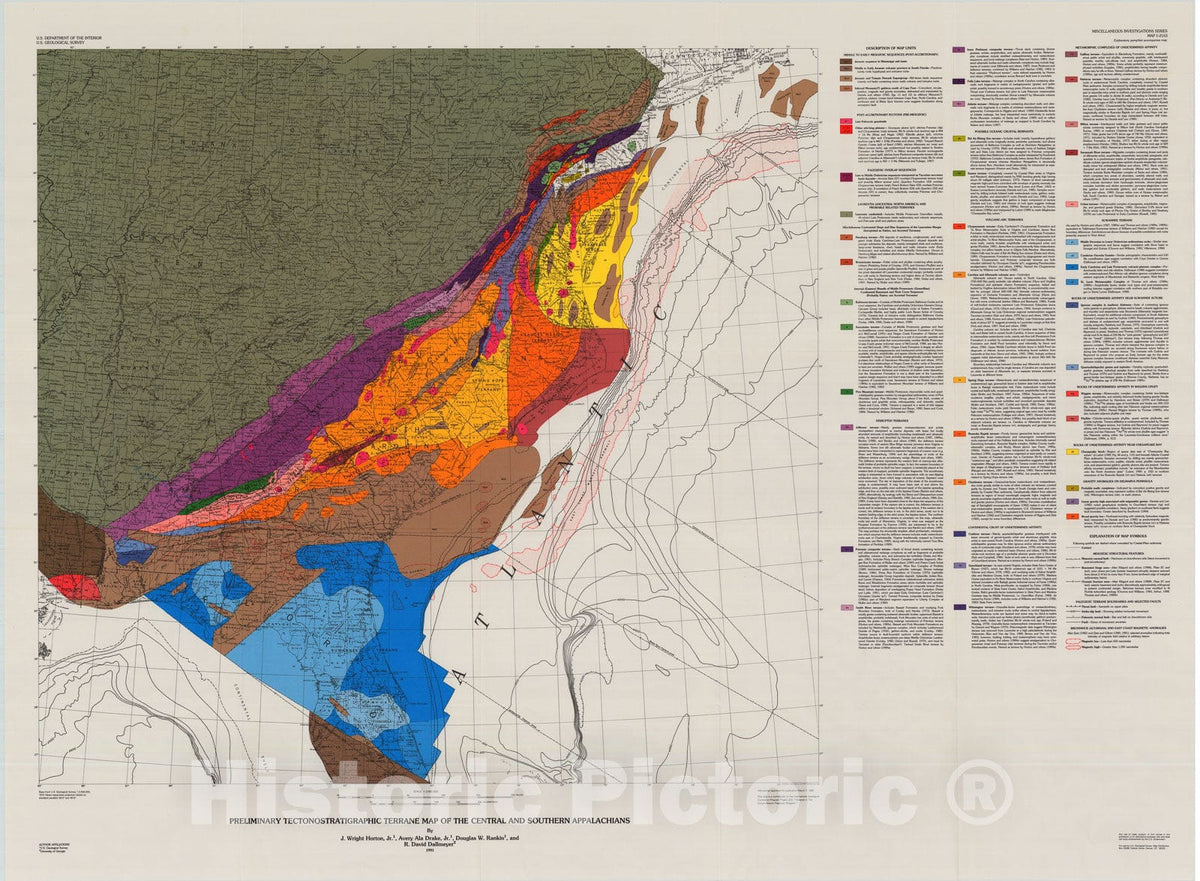 Map : Preliminary tectonostratigraphic terrane map of the central and southern Appalachians, 1991 Cartography Wall Art :