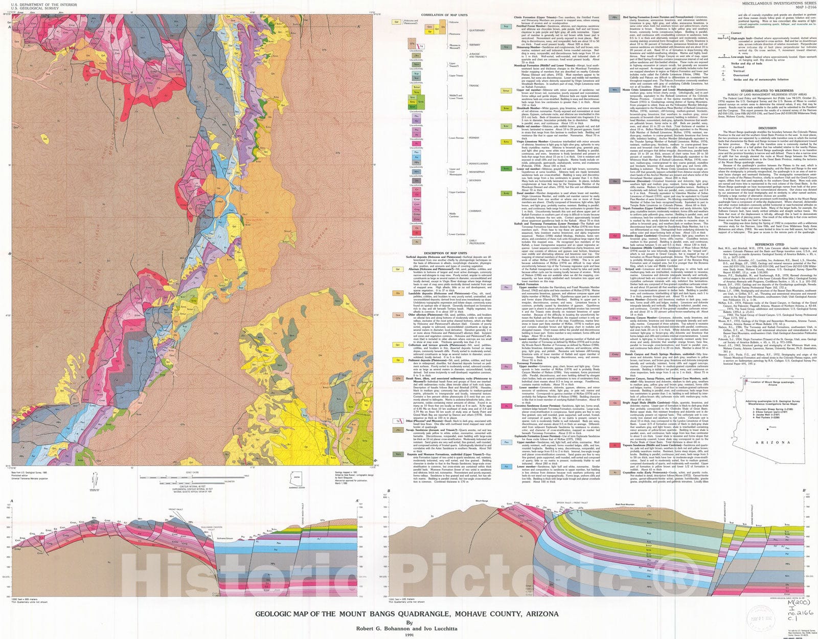 Map : Geologic map of the Mount Bangs quadrangle, Mohave County, Arizona, 1991 Cartography Wall Art :