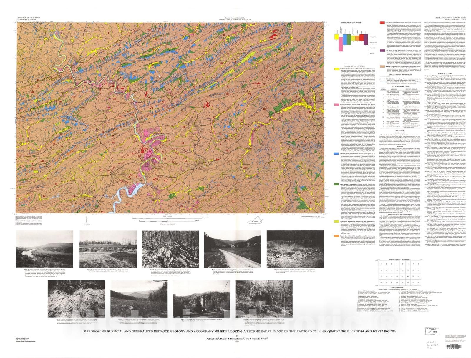 Map : Map showing surficial and generalized bedrock geology and accompanying side-looking airborne radar image of the Radford 30' X 60', 1991 Cartography Wall Art :