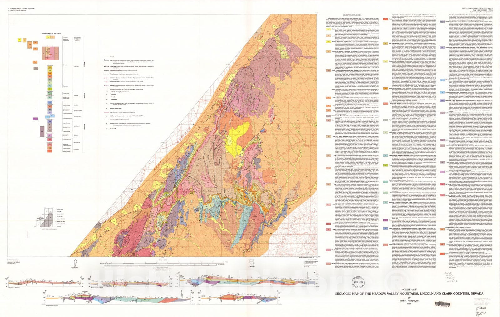 Map : Geologic map of the Meadow Valley Mountains, Lincoln and Clark Counties, Nevada, 1993 Cartography Wall Art :