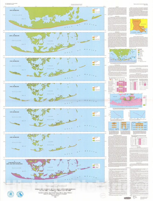 Map : Shoreline changes of the Isles Dernieres Barrier Island arc, Louisiana, from 1853 to 1989, 1991 Cartography Wall Art :