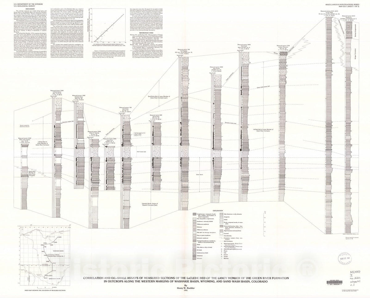 Map : Correlation and oil-shale assays of measured sections of the LaClede bed of the Laney Member of the Green River Formation in outcr, 1991 Cartography Wall Art :