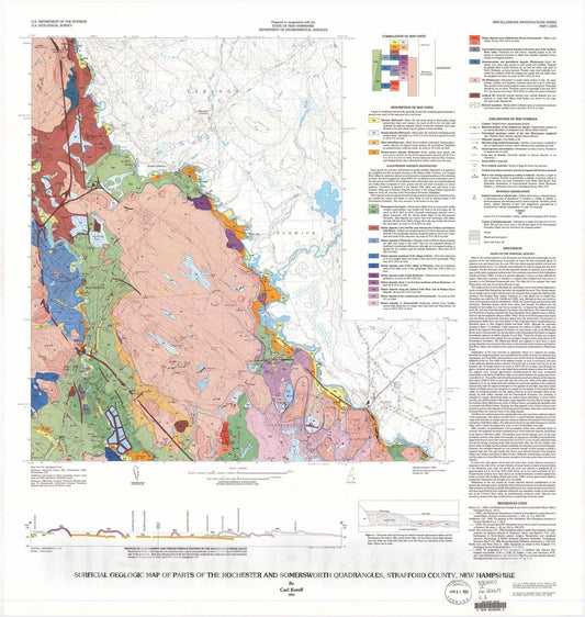 Map : Surficial geologic map of parts of the Rochester and Somersworth quadrangles, Strafford County, New Hampshire, 1991 Cartography Wall Art :