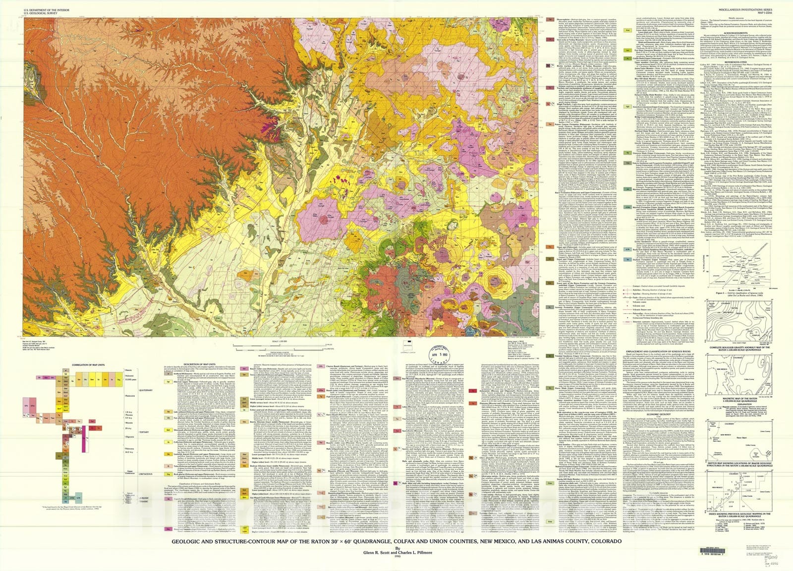 Map : Geologic and structure-contour map of the Raton 30' X 60' quadrangle, Colfax and Union Counties, New Mexico, and Las Animas County, Colorado, 1993 Cartography Wall Art :