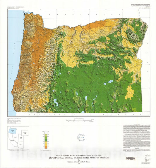 Map : Experimental digital shaded-relief maps of Oregon, 1992 Cartography Wall Art :