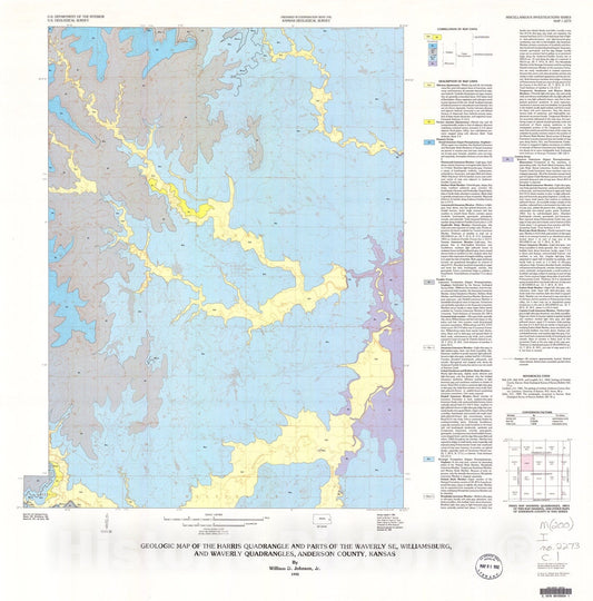 Map : Geologic map of the Harris quadrangle and parts of the Waverly SE, Williamsburg, and Waverly quadrangles, Anderson County, Kansas, 1992 Cartography Wall Art :