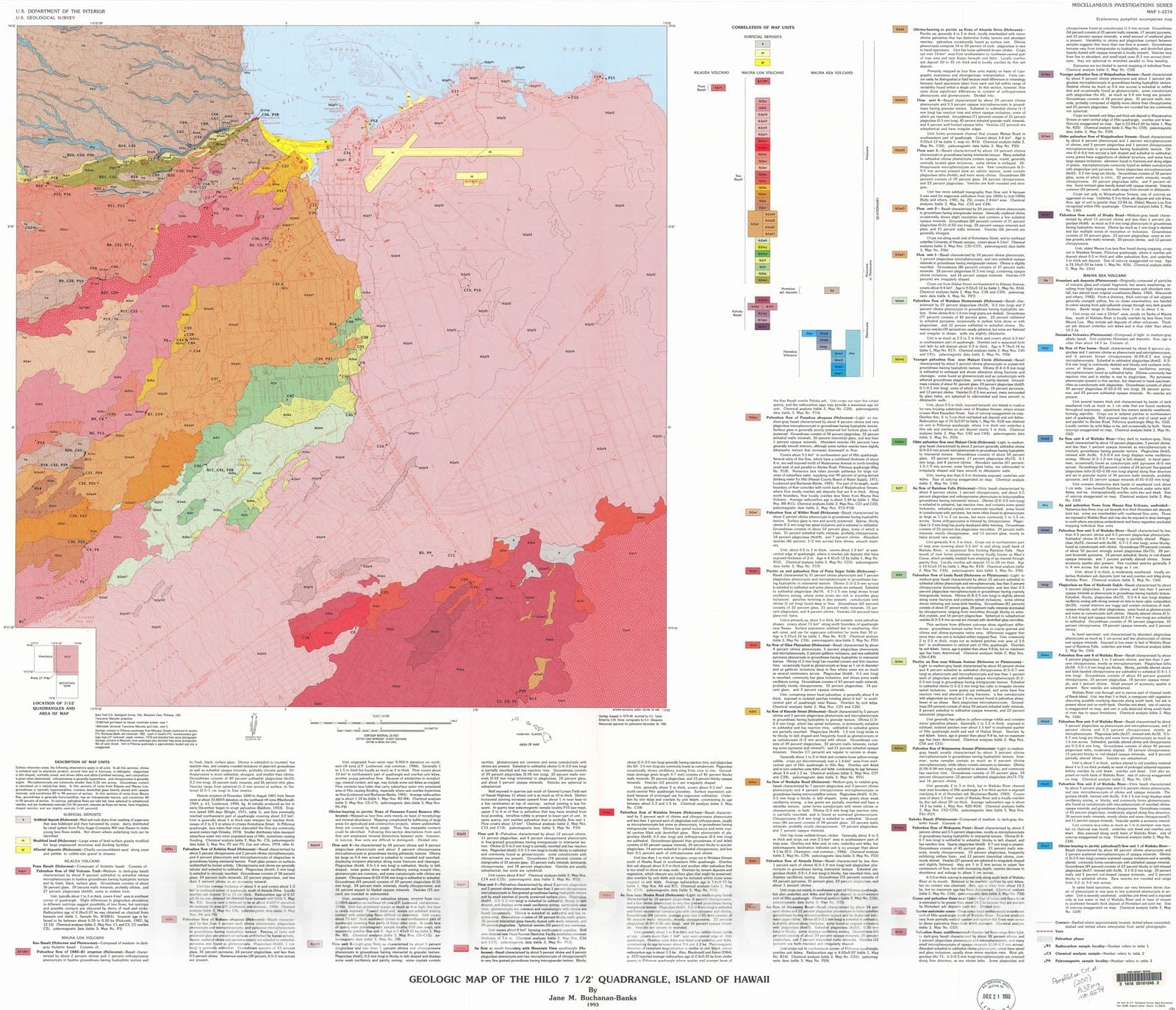 Map : Geologic map of the Hilo 7.5' quadrangle, Island of Hawaii, 1993 Cartography Wall Art :