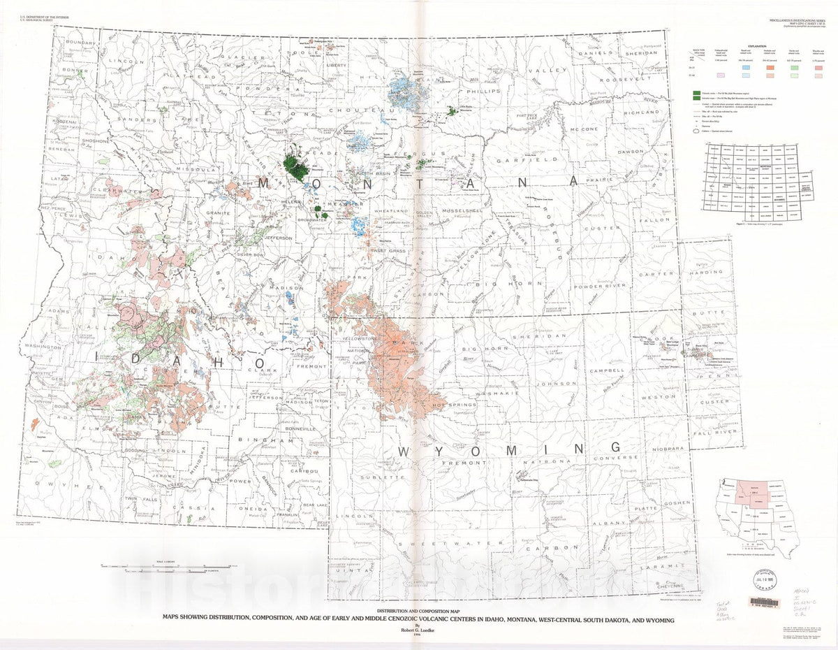 Map : Maps showing distribution, composition, and age of early and middle Cenozoic volcanic centers in Idaho, Montana, west-central South Dakota, and Wyoming, 1994 Cartography Wall Art :