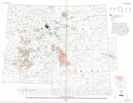 Map : Maps showing distribution, composition, and age of early and middle Cenozoic volcanic centers in Idaho, Montana, west-central South Dakota, and Wyoming, 1994 Cartography Wall Art :