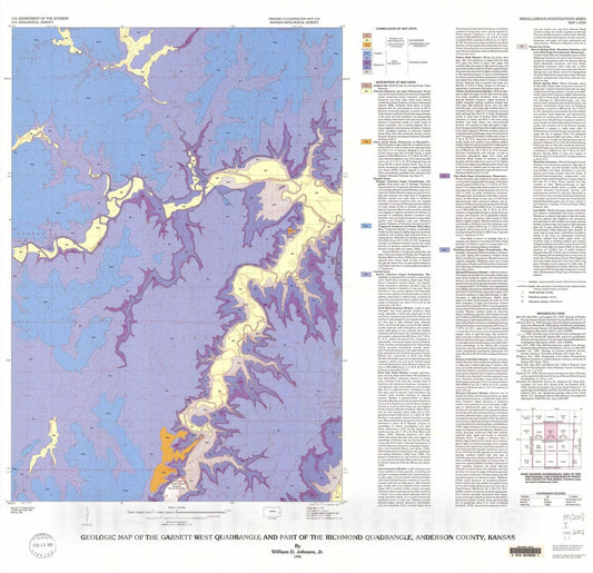 Map : Geologic map of the Garnett West quadrangle and part of the Richmond quadrangle, Anderson County, Kansas, 1992 Cartography Wall Art :