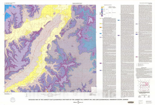 Map : Geologic map of the Garnett East quadrangle and parts of the Garnett SE, Garnett NW, and Lane quadrangles, Anderson County, Kansas, 1992 Cartography Wall Art :