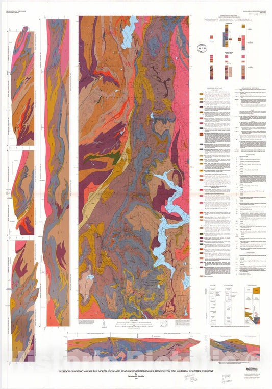 Map : Bedrock geologic map of the Mount Snow and Readsboro quadrangles, Bennington and Windham Counties, Vermont, 1993 Cartography Wall Art :