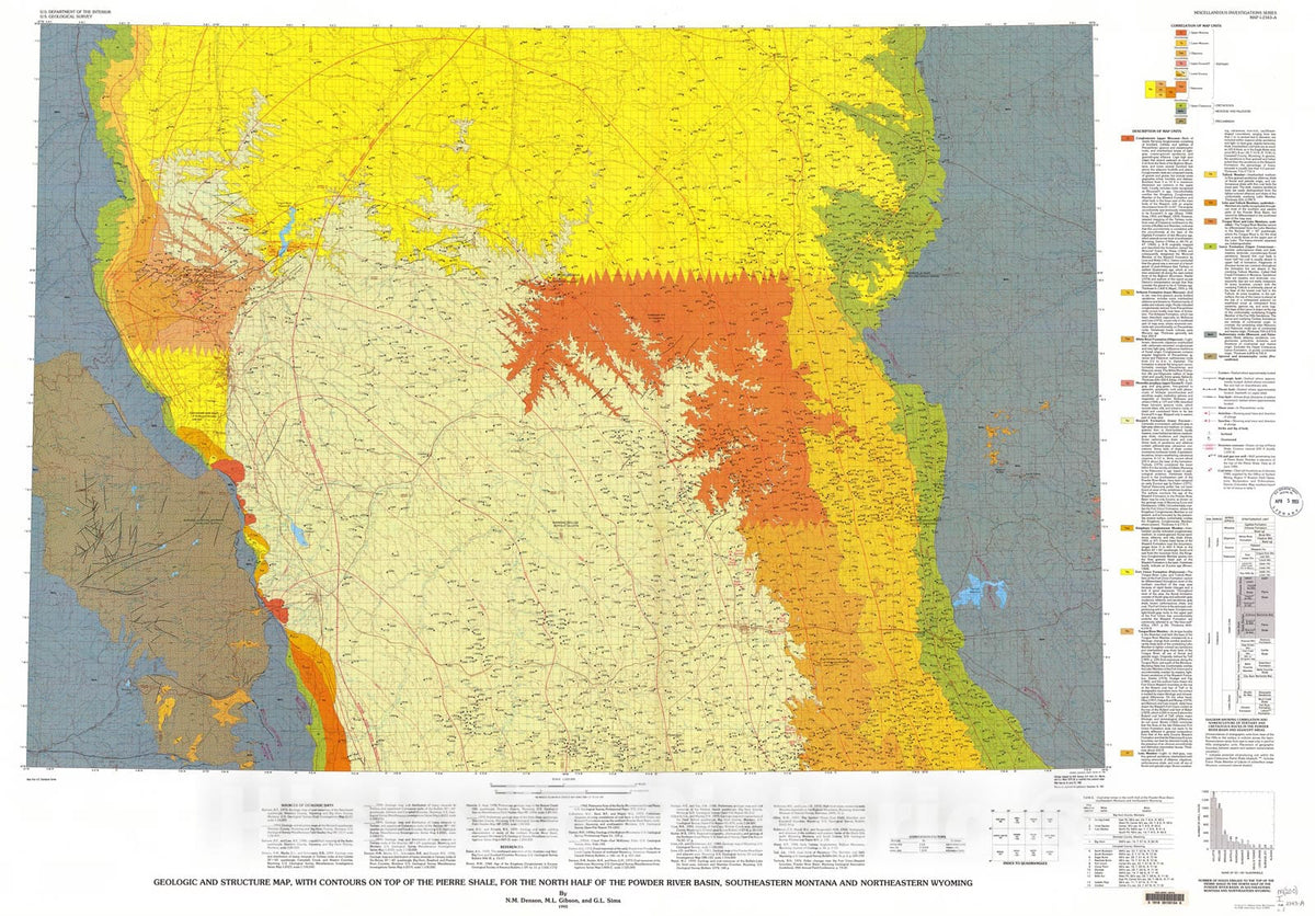 Map : Geologic and structure map, with contours on top of the Pierre Shale, for the north half of the Powder River Basin,, 1993 Cartography Wall Art :
