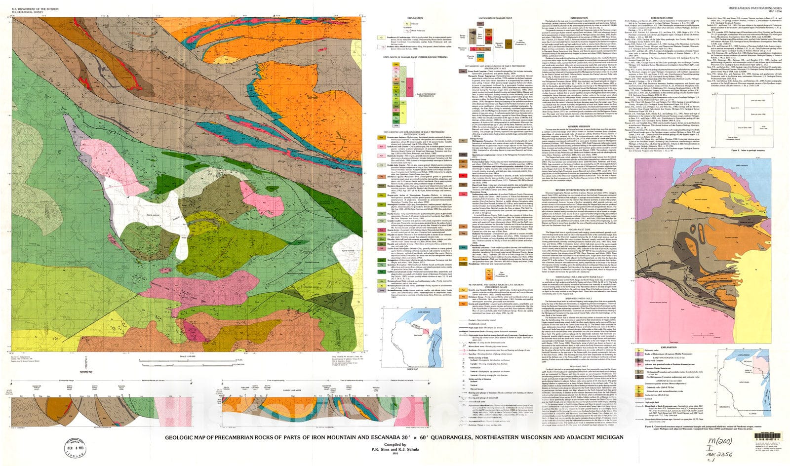 Map : Geologic map of Precambrian rocks of parts of Iron Mountain and Escanaba 30' X 60' quadrangles, northeastern Wisconsin and adjacent Michigan, 1993 Cartography Wall Art :