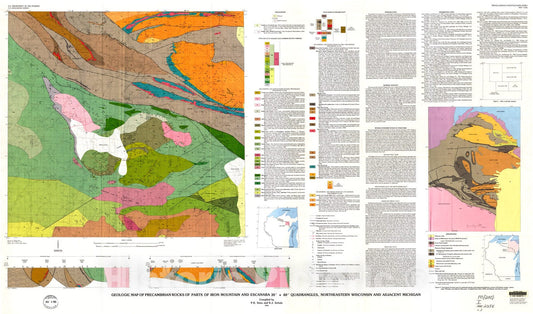 Map : Geologic map of Precambrian rocks of parts of Iron Mountain and Escanaba 30' X 60' quadrangles, northeastern Wisconsin and adjacent Michigan, 1993 Cartography Wall Art :