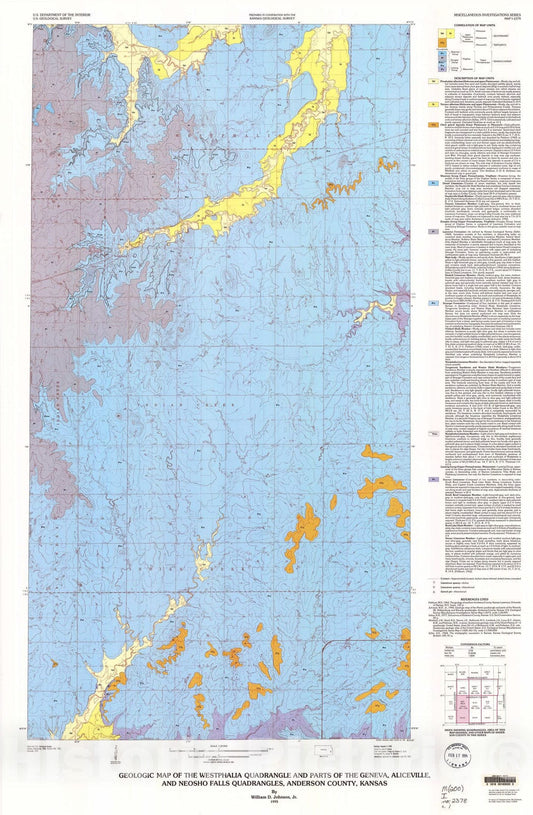 Map : Geologic map of the Westphalia quadrangle and parts of the Geneva, Aliceville, and Neosho Falls quadrangles, Anderson County, Kansas, 1993 Cartography Wall Art :