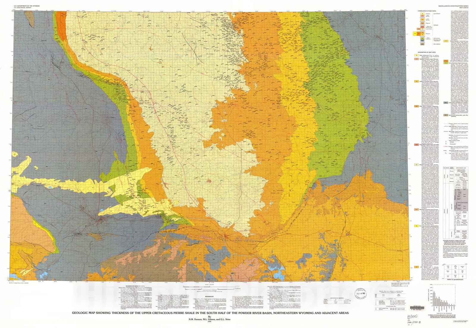Map : Geologic map showing thickness of the Upper Cretaceous Pierre Shale in the south half of the Powder River Basin, northeastern Wyoming and adjacent areas, 1993 Cartography Wall Art :