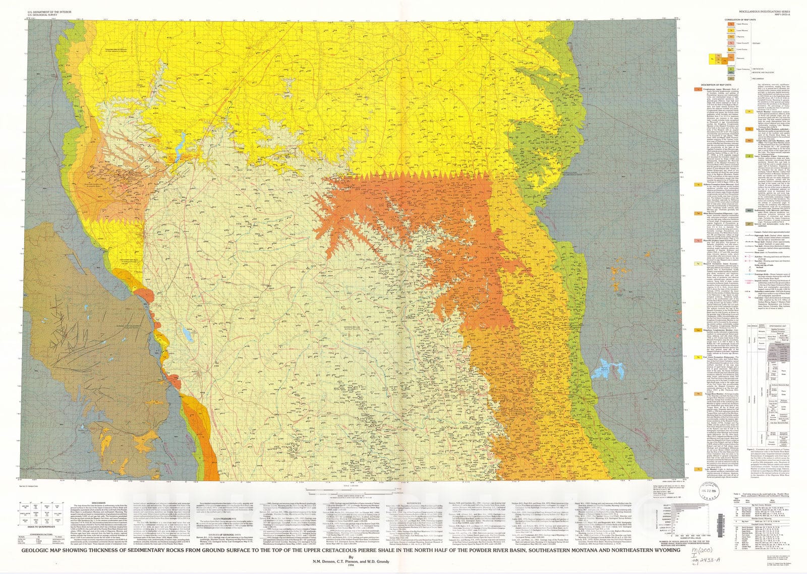 Map : Geologic map showing thickness of sedimentary rocks from ground surface to the top of the Upper Cretaceous Pierre Shale, 1994 Cartography Wall Art :
