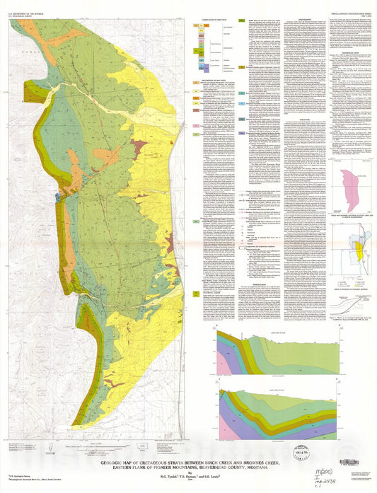Map : Geologic map of the Cretaceous strata between Birch Creek and Browns Creek, eastern flank of the Pioneer Mountains, Beaverhead County, Montana, 1994 Cartography Wall Art :