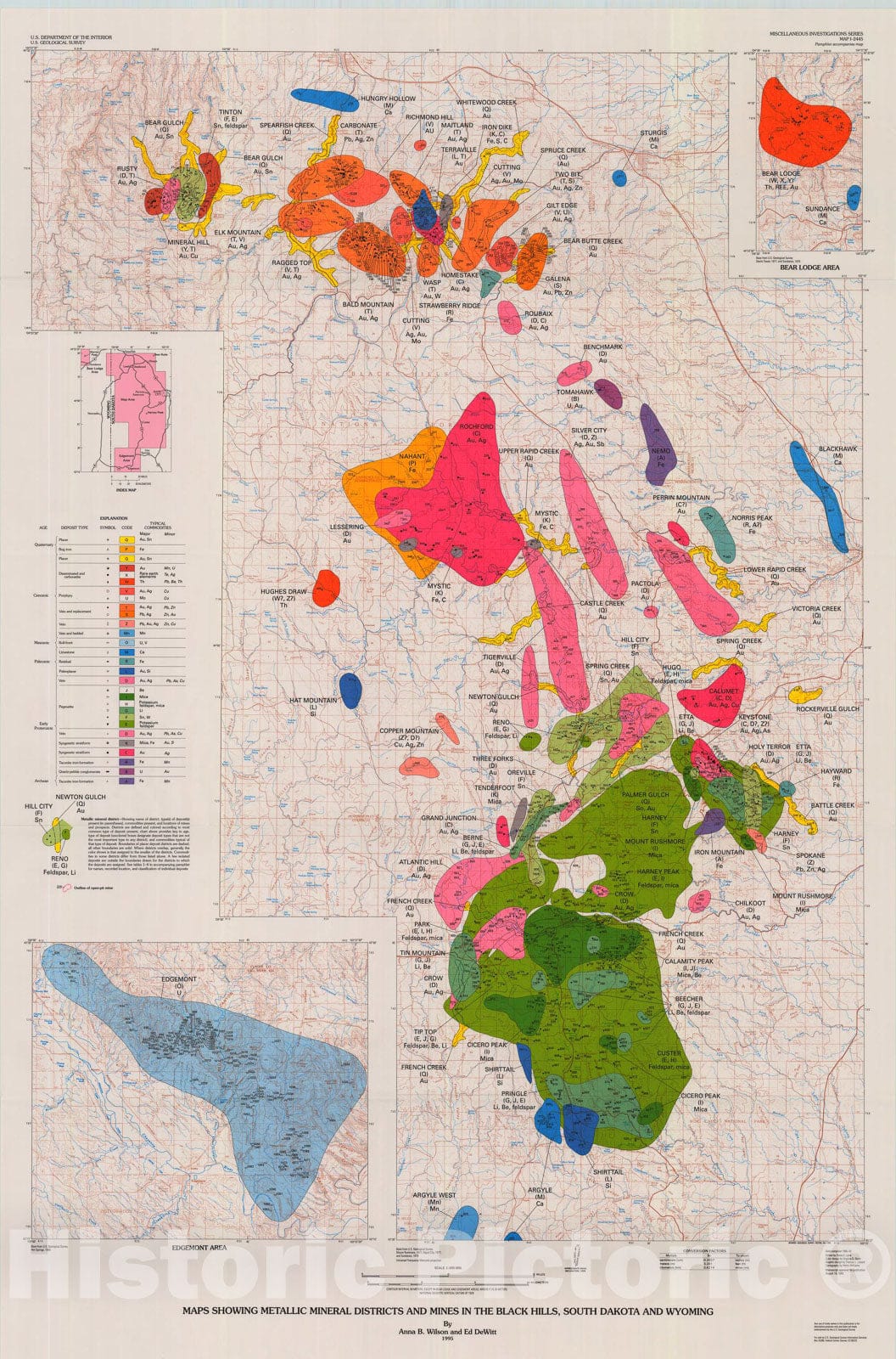 Map : Maps showing metallic mineral districts and mines in the Black Hills, South Dakota, and Wyoming, 1995 Cartography Wall Art :
