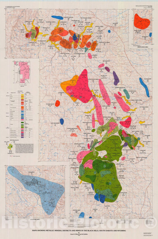 Map : Maps showing metallic mineral districts and mines in the Black Hills, South Dakota, and Wyoming, 1995 Cartography Wall Art :