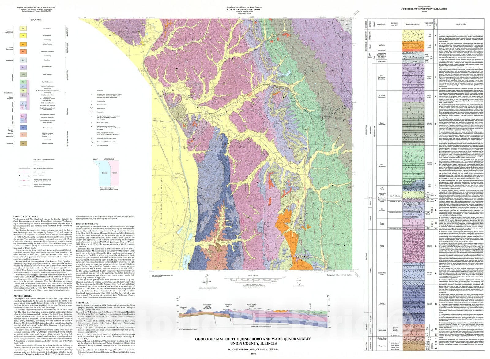 Map : Geologic map of the Jonesboro and Ware Quadrangles, Union County, Illinois, 1994 Cartography Wall Art :