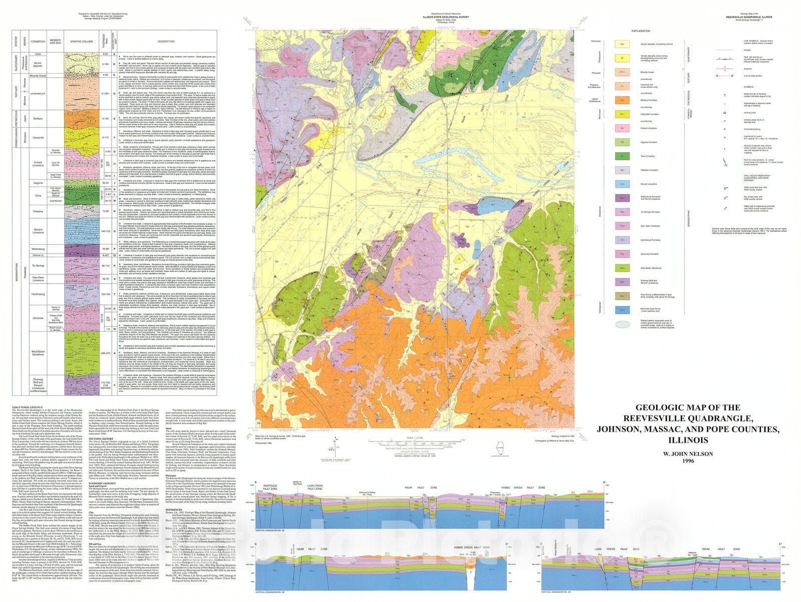Map : Geologic map of the Reevesville Quadrangle, Johnson, Massac, and Pope Counties, Illinois, 1996 Cartography Wall Art :