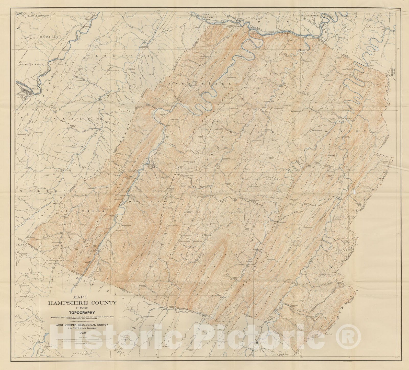 Map : Hampshire and Hardy Counties [West Virginia], 1927 Cartography Wall Art :