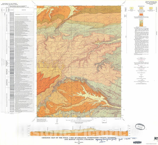 Map : Geologic map of the Four J Rim quadrangle, Sweetwater County, Wyoming, and Moffat County, Colorado, 1972 Cartography Wall Art :