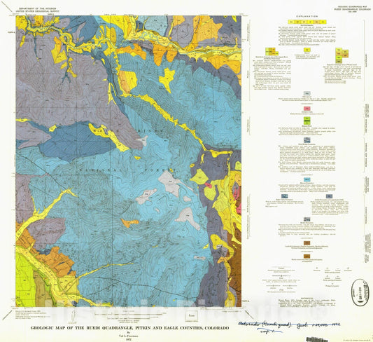 Map : Geologic map of the Ruedi quadrangle, Pitkin and Eagle Counties, Colorado, 1972 Cartography Wall Art :