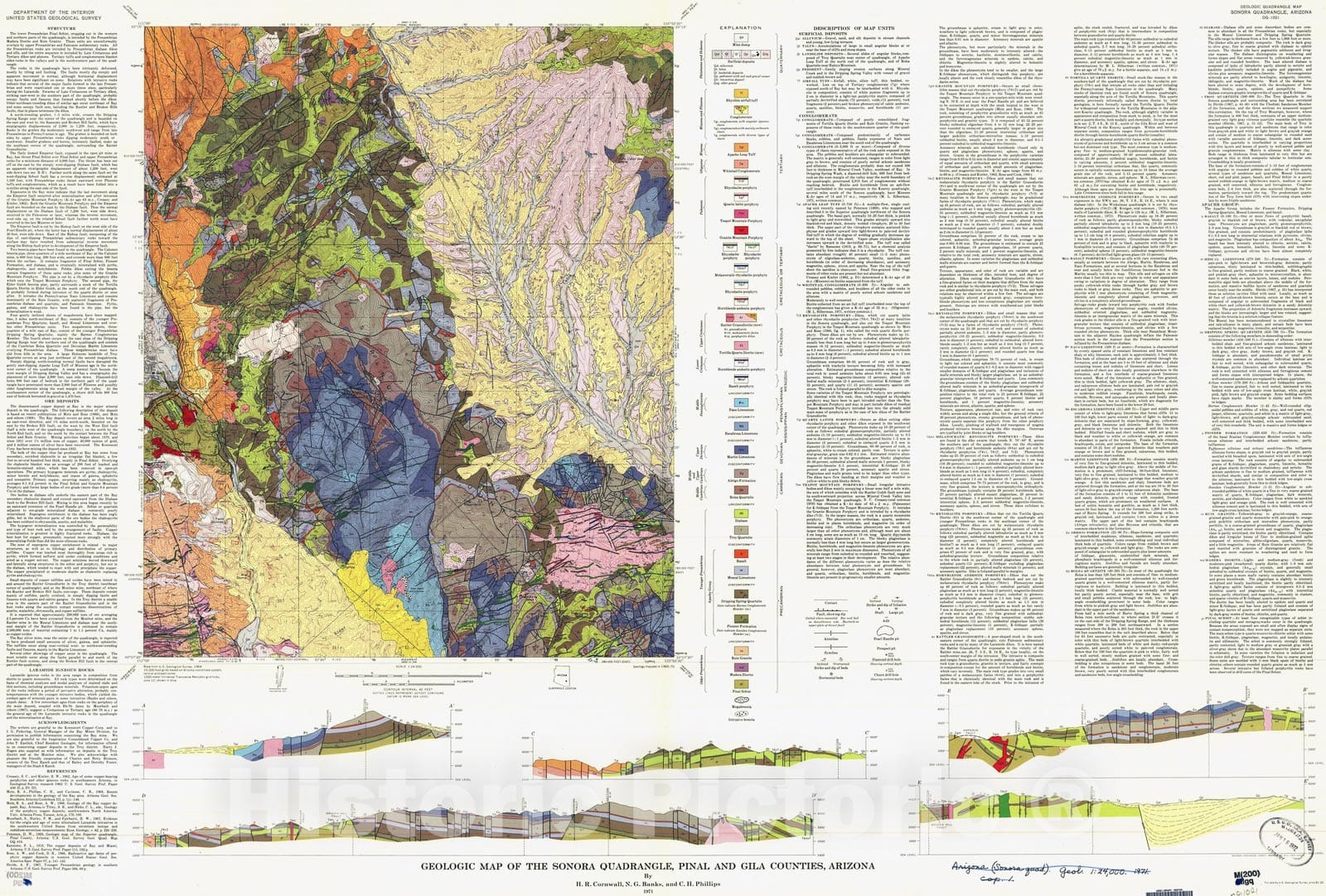 Map : Geologic map of the Sonora quadrangle, Pinal and Gila Counties, Arizona, 1971 Cartography Wall Art :