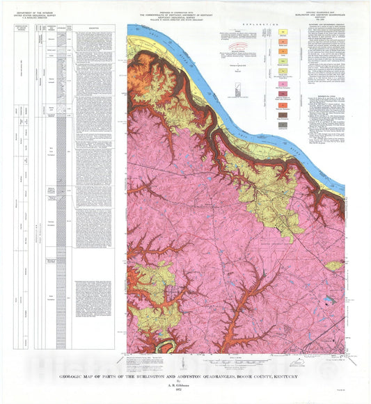 Map : Geologic map of parts of the Burlington and Addyston quadrangles, Boone County, Kentucky, 1972 Cartography Wall Art :