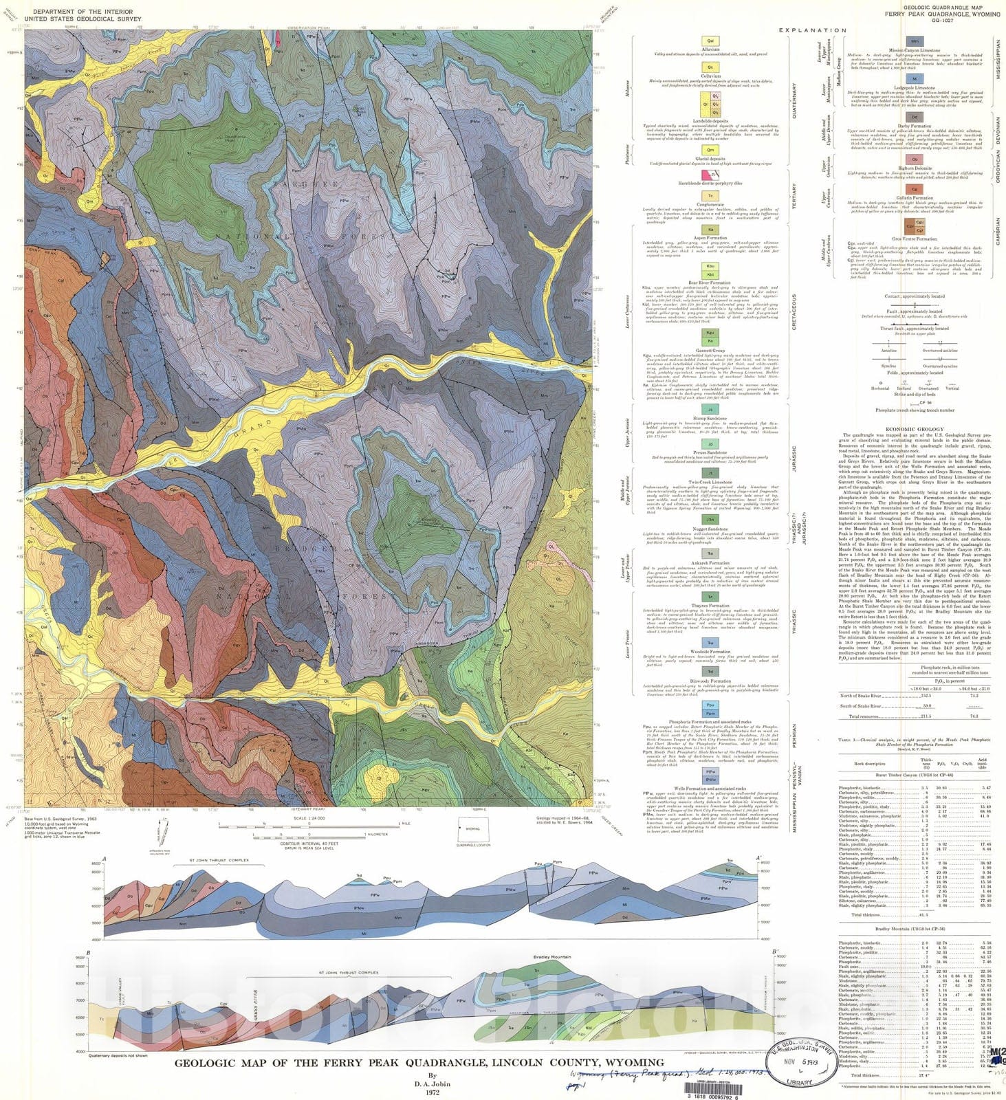 Map : Geologic map of the Ferry Peak quadrangle, Lincoln County, Wyoming, 1972 Cartography Wall Art :