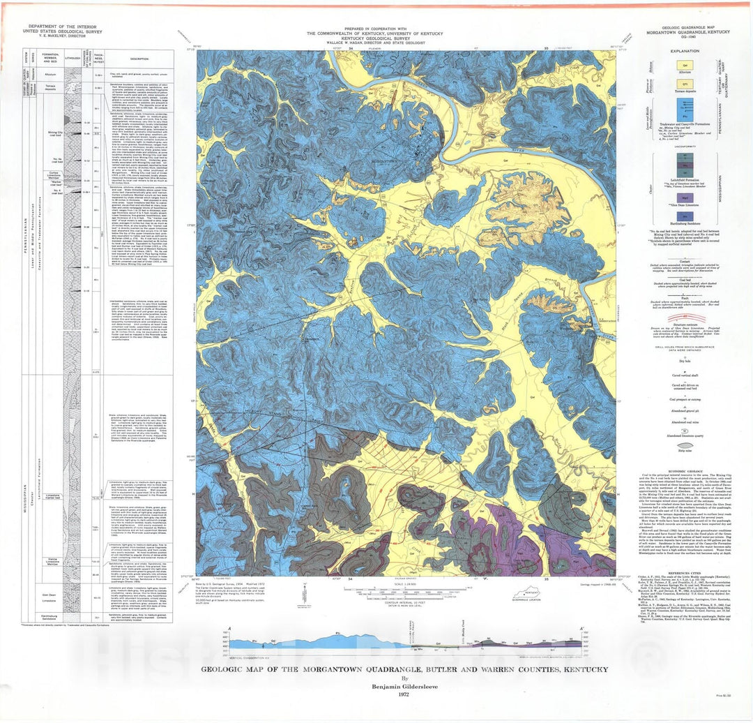Map : Geologic map of the Morgantown quadrangle, Butler and Warren Counties, Kentucky, 1972 Cartography Wall Art :
